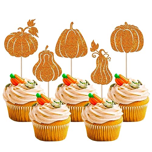 30 Stück Halloween Kürbis Tortendeko Glitzer Allerheiligen Kuchen Deko Pumpkin Cupcake Toppers für Baby Dusche Fledermäuse Geburtstag Herbst Party Dekorationen von SYKYCTCY
