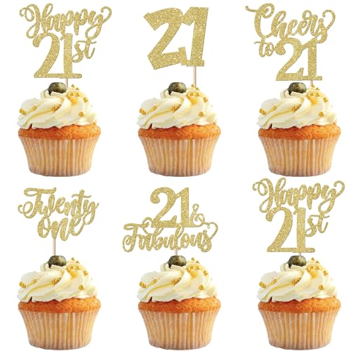 30 Stück Happy 21st Geburtstag Tortendeko Glitzer Cheers to 21 Kuchen Deko 21 Fabulous Cupcake Toppers für Twenty-one Geburtstag Jahrestag Party Kuchen Dekoration Gold von SYKYCTCY