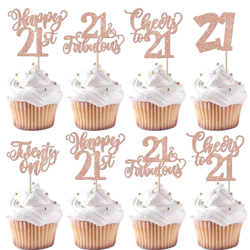 30 Stück Happy 21st Geburtstag Tortendeko Glitzer Cheers to 21 Kuchen Deko 21 Fabulous Cupcake Toppers für Twenty-one Geburtstag Jahrestag Party Kuchen Dekoration Rosegold von SYKYCTCY