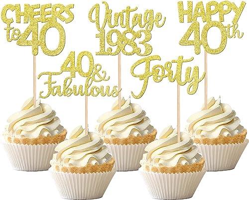 30 Stück Happy 40th Geburtstag Tortendeko Glitzer Forty Vintage 1983 Cupcake Toppers Cheers to 40 Fabulous Kuchen Deko für 40. Geburtstag Hochzeitstag Party Kuchen Dekorationen Gold von SYKYCTCY