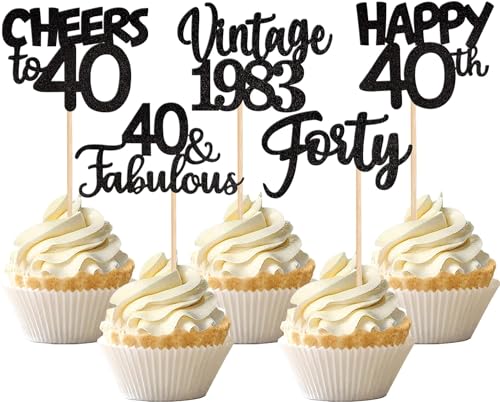 30 Stück Happy 40th Geburtstag Tortendeko Glitzer Forty Vintage 1983 Cupcake Toppers Cheers to 40 Fabulous Kuchen Deko für 40. Geburtstag Hochzeitstag Party Kuchen Dekorationen Schwarz von SYKYCTCY