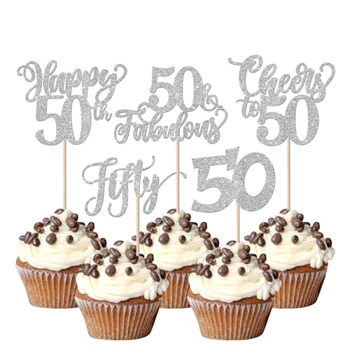 30 Stück Happy 50th Geburtstag Tortendeko Glitzer Cheers to 50 Kuchen Deko 50 Fabulous Cupcake Toppers für Fifty Geburtstag Jahrestag Party Kuchen Dekoration Silber 30 Stück Happy 50th Geburtstag Tortendeko Glitzer Cheers to 50 Kuchen Deko 50 Fabulous Cupcake Toppers für Fifty Geburtstag Jahrestag Party Kuchen Dekoration Silber von SYKYCTCY