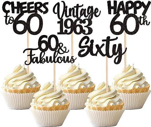 30 Stück Happy 60th Geburtstag Tortendeko Glitzer Sixty Vintage 1963 Cupcake Toppers Cheers to 60 Fabulous Kuchen Deko für 60. Geburtstag Hochzeitstag Party Kuchen Dekorationen Schwarz 30 Stück Happy 60th Geburtstag Tortendeko Glitzer Sixty Vintage 1963 Cupcake Toppers Cheers to 60 Fabulous Kuchen Deko für 60. Geburtstag Hochzeitstag Party Kuchen Dekorationen Schwarz von SYKYCTCY