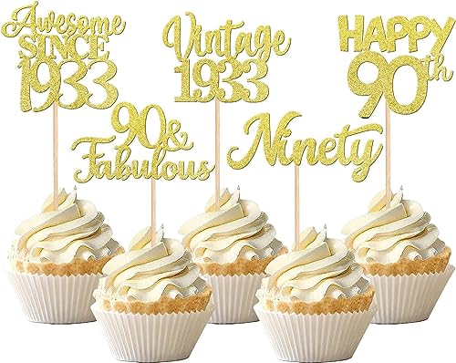 30 Stück Happy 90th Geburtstag Tortendeko Glitzer Ninety Vintage 1933 Cupcake Toppers Cheers to 90 Fabulous Kuchen Deko für 90. Geburtstag Hochzeitstag Party Kuchen Dekorationen Gold von SYKYCTCY