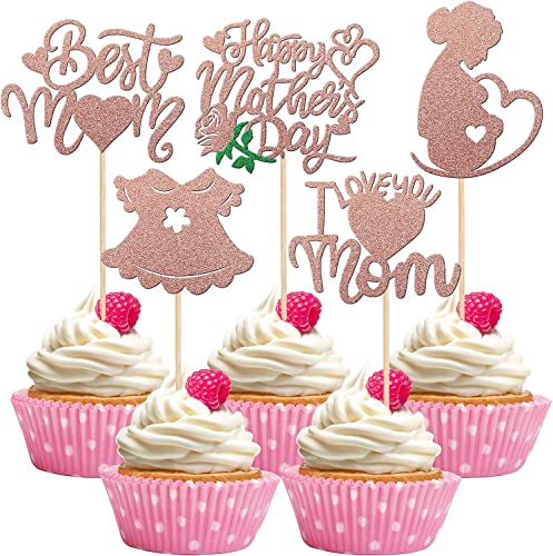 30 Stück Happy Mother's Day Deko Kuchen, Glitter Schwangere Frauen Love Mother Cupcake Picks Best Mom Tortendeko für Baby Mädchen glücklich Muttertag Thema Geburtstag Partyzubehör Rosegold von SYKYCTCY
