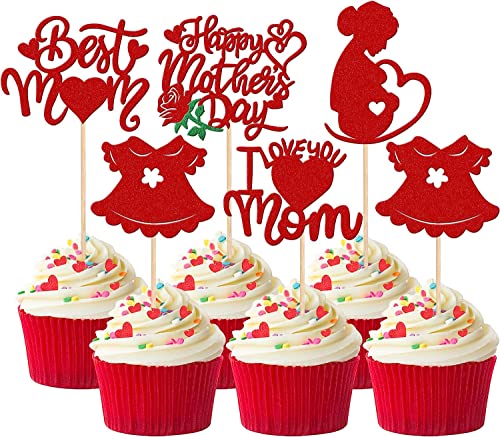 30 Stück Happy Mother's Day Deko Kuchen, Glitter Schwangere Frauen Love Mother Cupcake Picks Best Mom Tortendeko für Baby Mädchen glücklich Muttertag Thema Geburtstag Partyzubehör Rot von SYKYCTCY