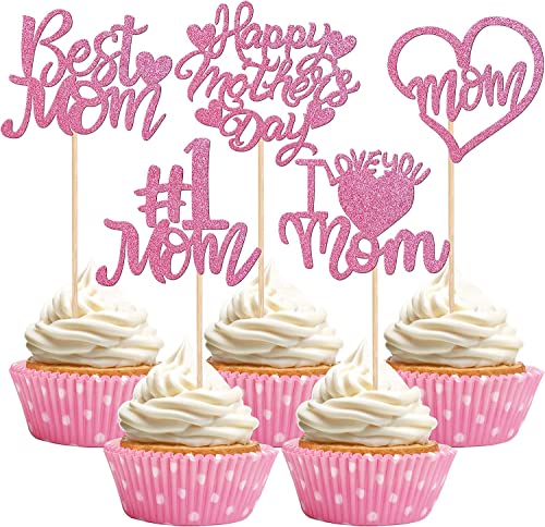 30 Stück Happy Mother's Day Tortendeko, Buntes Glitzern Herz #1 Mom Best Mom Cupcake Toppers Kuchen Deko Cake Topper Kuchen Dekorationen für Glückliche Muttertag Thema Frauen Geburtstag Party Rosa von SYKYCTCY