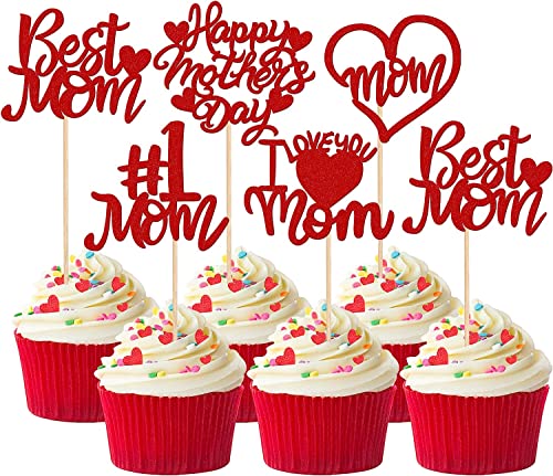30 Stück Happy Mother's Day Tortendeko, Buntes Glitzern Herz #1 Mom Best Mom Cupcake Toppers Kuchen Deko Cake Topper Kuchen Dekorationen für Glückliche Muttertag Thema Frauen Geburtstag Party Rot von SYKYCTCY