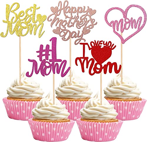 30 Stück Happy Mother's Day Tortendeko, Buntes Glitzern Herz Best Mom Cupcake Toppers I love you Mom Kuchen Deko Cake Topper Kuchen Dekorationen für Glückliche Muttertag Thema Frauen Geburtstag Party von SYKYCTCY