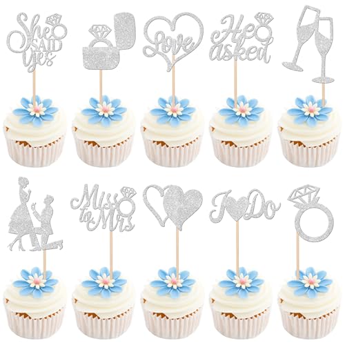 30 Stück He Ask She Said Yes Tortendeko Glitzer Miss to Mrs Cupcake Toppers Diamant Ring Kuchen Deko für Verlobung Hochzeiten Thema Party Kuchen Dekorationen Silber von SYKYCTCY