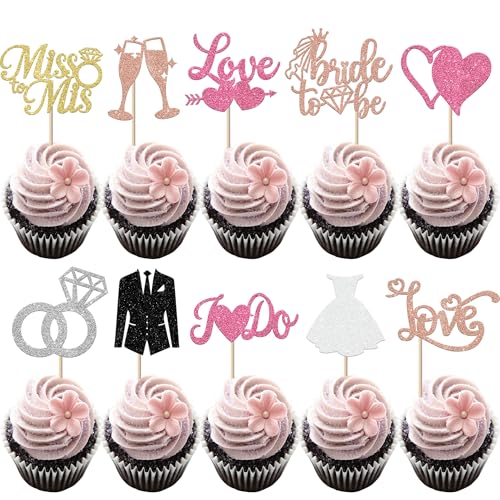 30 Stück Hochzeit Tortendeko Glitzer Braut und Bräutigam Cupcake Toppers Bride to Be Liebe Herz Diamant Ring Kuchen Deko für Verlobung Hochzeiten Thema Party Kuchen Dekorationen Buntes von SYKYCTCY