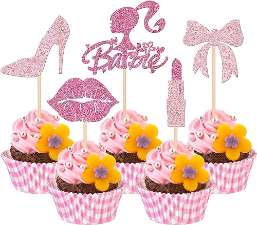 30 Stück Princess Tortendeko Glitzer Lippenstift High Heel Fliege Cupcake Toppers für Brautdusche Hochzeit Baby Dusche Prinzessin Geburtstag Jahrestag Thema Party Kuchen Dekorationen Rosa von SYKYCTCY