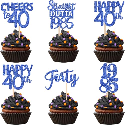 30 Stück Straight Outta 1985 Geburtstag Tortendeko Glitzer Happy 40th Forty Cupcake Toppers für Prost auf 40 Jahre Geburtstag Hochzeit Jahrestag Party Kuchen Dekoration Dunkelblau von SYKYCTCY