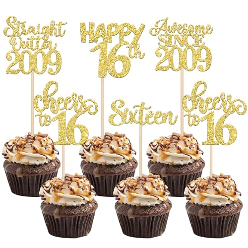 30 Stück Straight Outta 2009 Geburtstag Tortendeko Glitzer Awesome Since 2009 Kuchen Deko Happy 16th Sixteen Cucake Toppers für Prost auf 16 Jahre Geburtstag Jahrestag Party Kuchen Dekoration Gold von SYKYCTCY