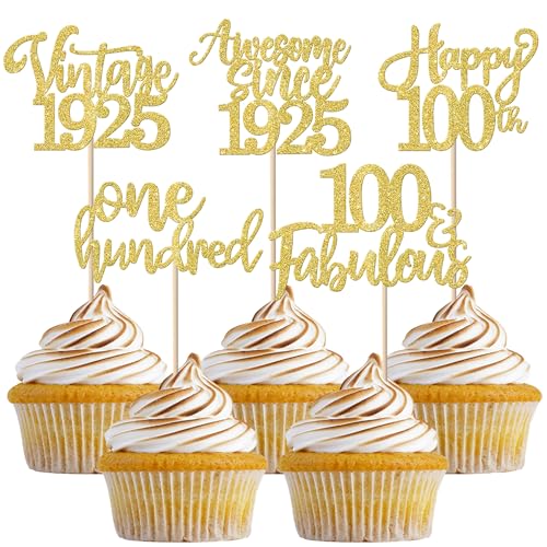 30 Stück Vintage 1925 Tortendeko Glitzer Happy 100th One Hundred Awesome Since 1925 Cupcake Toppers 100 Fabulous Kuchen Deko für 100th Geburtstag Hochzeit Jahrestag Party Supplies Gold von SYKYCTCY