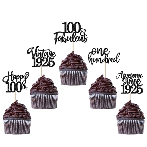 30 Stück Vintage 1925 Tortendeko Glitzer Happy 100th One Hundred Awesome Since 1925 Cupcake Toppers 100 Fabulous Kuchen Deko für 100th Geburtstag Hochzeit Jahrestag Party Supplies Schwarz von SYKYCTCY