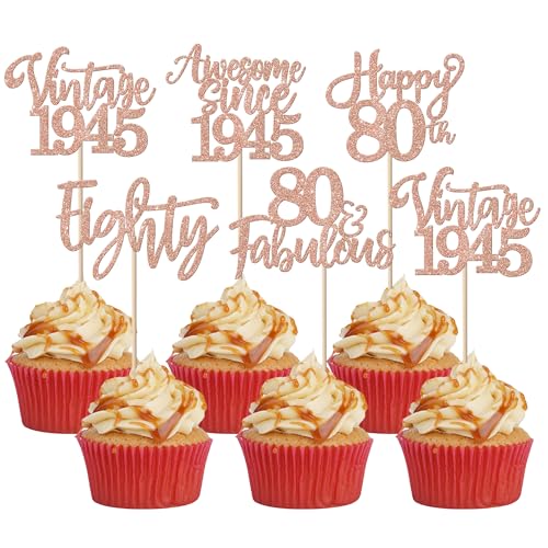 30 Stück Vintage 1945 Tortendeko Glitzer Happy 80th Eighty Awesome Since 1945 Cupcake Toppers 80 Fabulous Kuchen Deko für 80. Geburtstag Hochzeitstag Party Kuchen Dekorationen Rosegold von SYKYCTCY