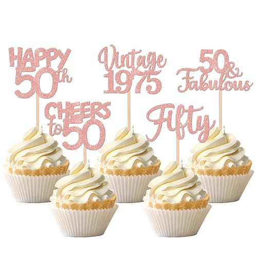 30 Stück Vintage 1975 Cupcake Toppers Glitzer Happy 50th Geburtstag Tortendeko Cheers to 50 Fabulous Fifty Kuchen Deko für 50th Geburtstag Hochzeit Jahrestag Party Rosegold von SYKYCTCY