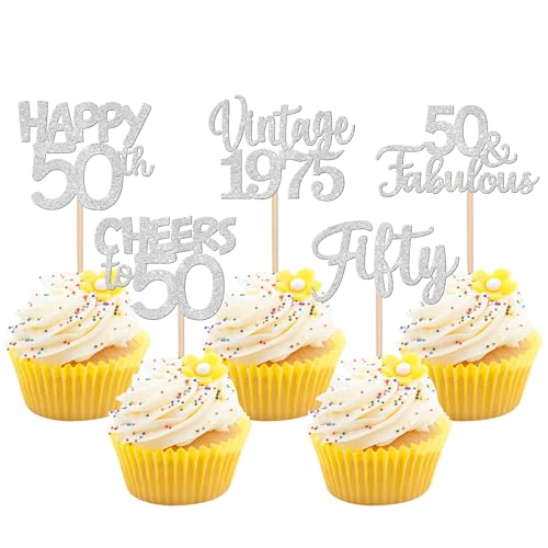 30 Stück Vintage 1975 Cupcake Toppers Glitzer Happy 50th Geburtstag Tortendeko Cheers to 50 Fabulous Fifty Kuchen Deko für 50th Geburtstag Hochzeit Jahrestag Party Silber von SYKYCTCY