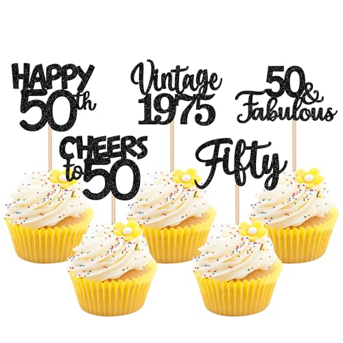 30 Stück Vintage 1975 Cupcake Toppers Glitzer Happy 50th Geburtstag Tortendeko Cheers to 50 Fabulous Fifty Kuchen Deko für 50th Geburtstag Hochzeit Jahrestag Party Schwarz von SYKYCTCY