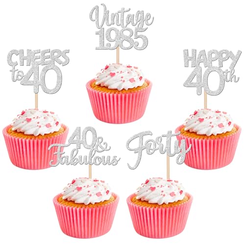 30 Stück Vintage 1985 Cupcake Toppers Glitzer Happy 40th Geburtstag Tortendeko Cheers to 40 Fabulous Forty Kuchen Deko für 40th Geburtstag Hochzeit Jahrestag Party Silber von SYKYCTCY