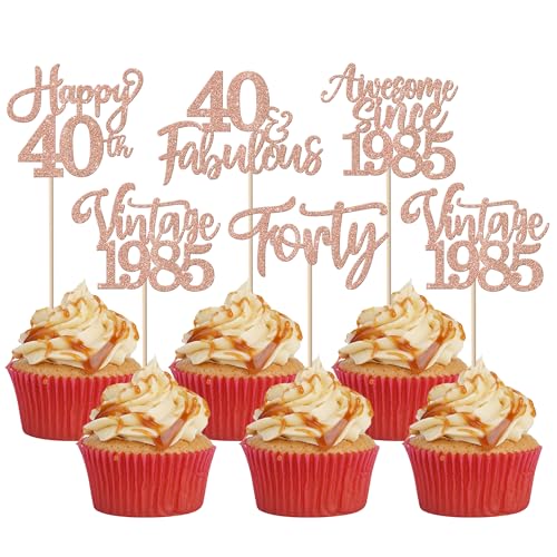 30 Stück Vintage 1985 Tortendeko Glitzer Happy 40th Forty Awesome Since 1985 Cupcake Toppers 40 Fabulous Kuchen Deko für 40. Geburtstag Hochzeitstag Party Kuchen Dekorationen Rosegold von SYKYCTCY
