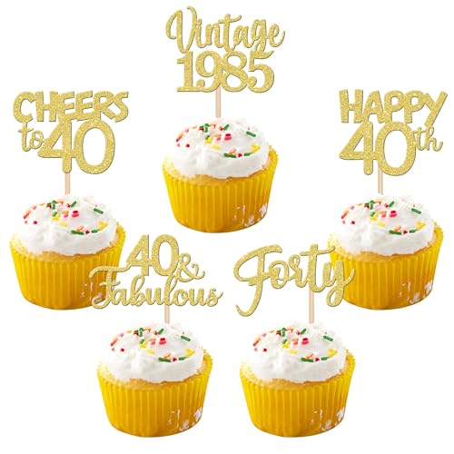 30 Stück Vintage 1985 Cupcake Toppers Glitzer Happy 40th Geburtstag Tortendeko Cheers to 40 Fabulous Forty Kuchen Deko für 40th Geburtstag Hochzeit Jahrestag Party Gold von SYKYCTCY