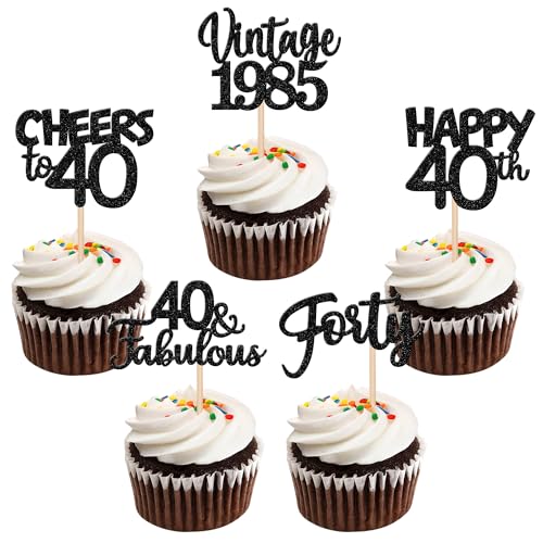 30 Stück Vintage 1985 Cupcake Toppers Glitzer Happy 40th Geburtstag Tortendeko Cheers to 40 Fabulous Forty Kuchen Deko für 40th Geburtstag Hochzeit Jahrestag Party Schwarz von SYKYCTCY