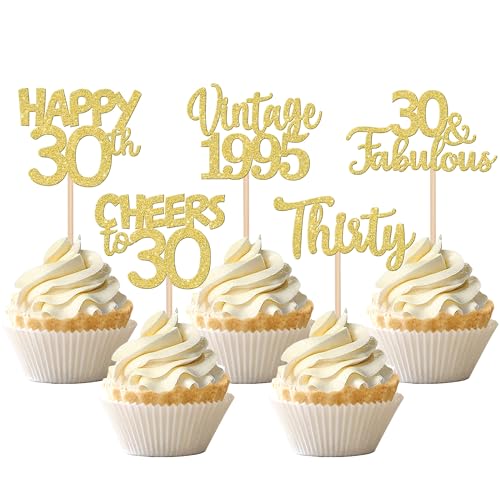 30 Stück Vintage 1995 Cupcake Toppers Glitzer Happy 30th Geburtstag Tortendeko Cheers to 30 Fabulous Thirty Kuchen Deko für 30th Geburtstag Hochzeit Jahrestag Party Gold von SYKYCTCY