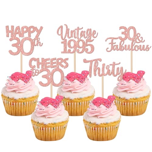 30 Stück Vintage 1995 Cupcake Toppers Glitzer Happy 30th Geburtstag Tortendeko Cheers to 30 Fabulous Thirty Kuchen Deko für 30th Geburtstag Hochzeit Jahrestag Party Rosegold von SYKYCTCY
