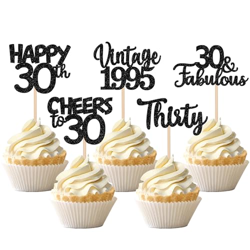 30 Stück Vintage 1995 Cupcake Toppers Glitzer Happy 30th Geburtstag Tortendeko Cheers to 30 Fabulous Thirty Kuchen Deko für 30th Geburtstag Hochzeit Jahrestag Party Schwarz von SYKYCTCY