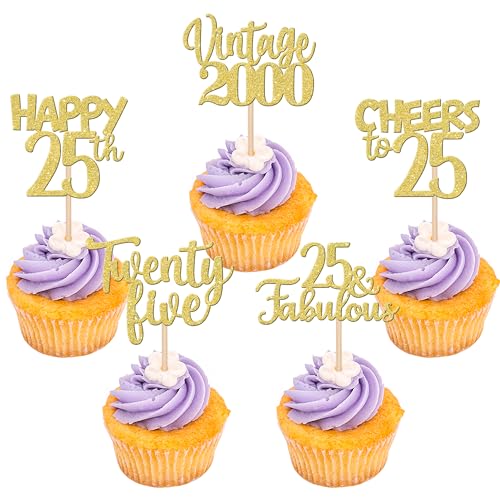 30 Stück Vintage 2000 Cupcake Toppers Glitzer Happy 25th Geburtstag Tortendeko Cheers to 25 Fabulous Twenty One Kuchen Deko für 25th Geburtstag Hochzeit Jahrestag Party Gold von SYKYCTCY