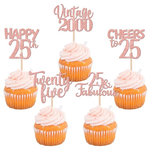 30 Stück Vintage 2000 Cupcake Toppers Glitzer Happy 25th Geburtstag Tortendeko Cheers to 25 Fabulous Twenty One Kuchen Deko für 25th Geburtstag Hochzeit Jahrestag Party Rosegold von SYKYCTCY