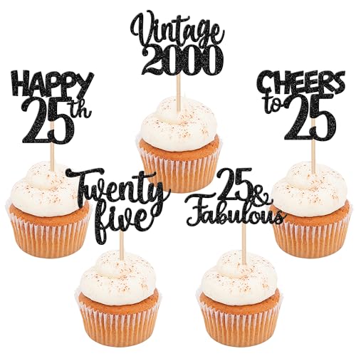 30 Stück Vintage 2000 Cupcake Toppers Glitzer Happy 25th Geburtstag Tortendeko Cheers to 25 Fabulous Twenty One Kuchen Deko für 25th Geburtstag Hochzeit Jahrestag Party Schwarz von SYKYCTCY
