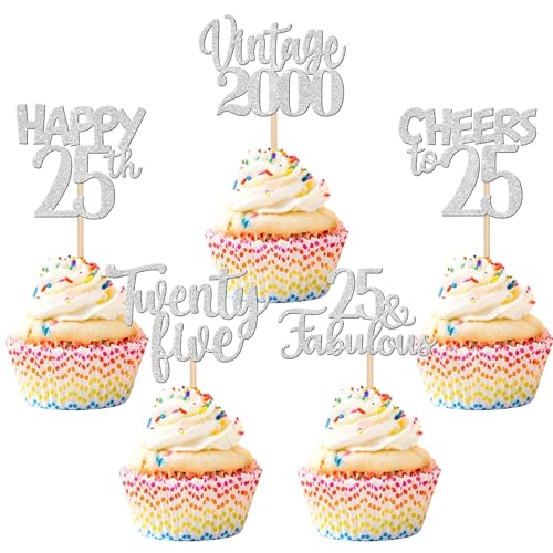30 Stück Vintage 2000 Cupcake Toppers Glitzer Happy 25th Geburtstag Tortendeko Cheers to 25 Fabulous Twenty One Kuchen Deko für 25th Geburtstag Hochzeit Jahrestag Party Silber von SYKYCTCY