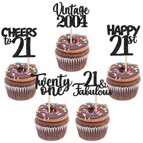 30 Stück Vintage 2004 Cupcake Toppers Glitzer Happy 21st Geburtstag Tortendeko Cheers to 21 Fabulous Twenty One Kuchen Deko für 21st Geburtstag Hochzeit Jahrestag Party Schwarz von SYKYCTCY