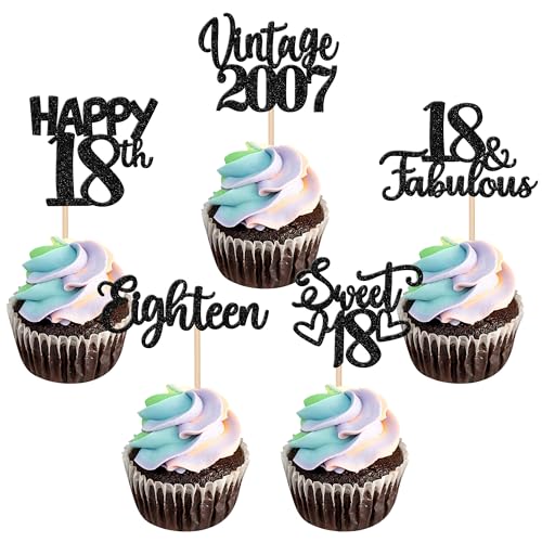 30 Stück Vintage 2007 Cupcake Toppers Glitzer Happy 18th Geburtstag Tortendeko Cheers to 18 Fabulous Eighteen Kuchen Deko für 18th Geburtstag Hochzeit Jahrestag Party Schwarz von SYKYCTCY