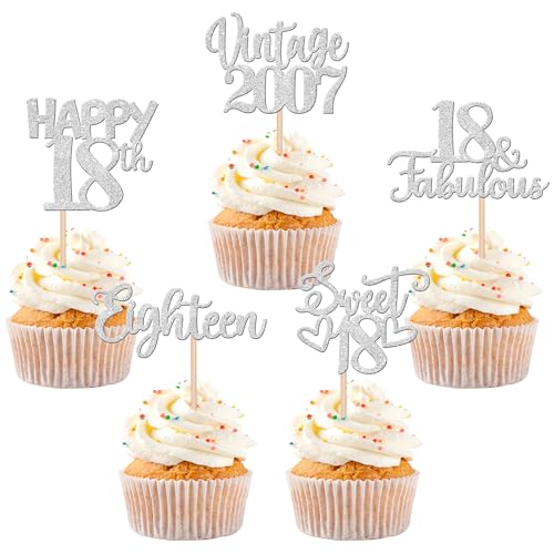 30 Stück Vintage 2007 Cupcake Toppers Glitzer Happy 18th Geburtstag Tortendeko Cheers to 18 Fabulous Eighteen Kuchen Deko für 18th Geburtstag Hochzeit Jahrestag Party Silber von SYKYCTCY