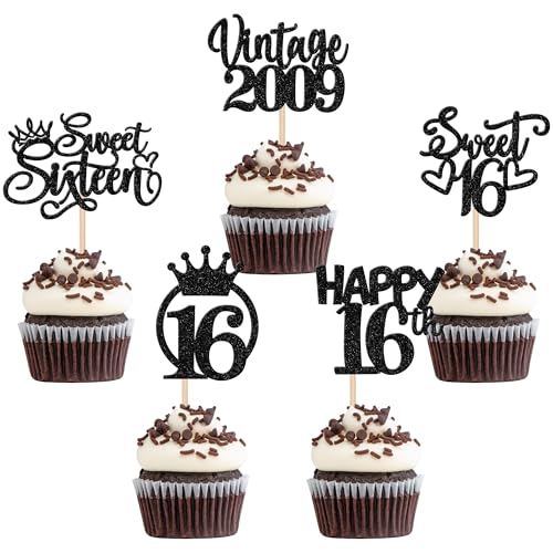 30 Stück Vintage 2009 Cupcake Toppers Glitzer Happy 16th Geburtstag Tortendeko Sweet 16 Fabulous Sixteen Kuchen Deko für 16th Geburtstag Hochzeit Jahrestag Party Schwarz von SYKYCTCY