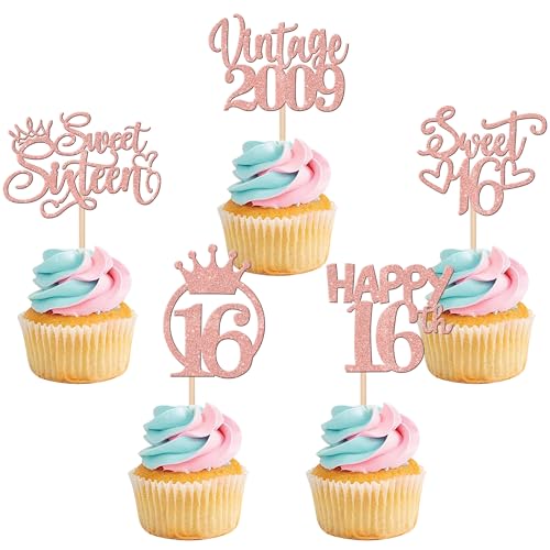 30 Stück Vintage 2009 Cupcake Toppers Glitzer Happy 16th Geburtstag Tortendeko Sweet 16 Fabulous Sixteen Kuchen Deko für 16th Geburtstag Hochzeit Jahrestag Party Rosegold von SYKYCTCY