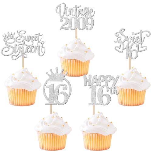 30 Stück Vintage 2009 Cupcake Toppers Glitzer Happy 16th Geburtstag Tortendeko Sweet 16 Fabulous Sixteen Kuchen Deko für 16th Geburtstag Hochzeit Jahrestag Party Silber von SYKYCTCY