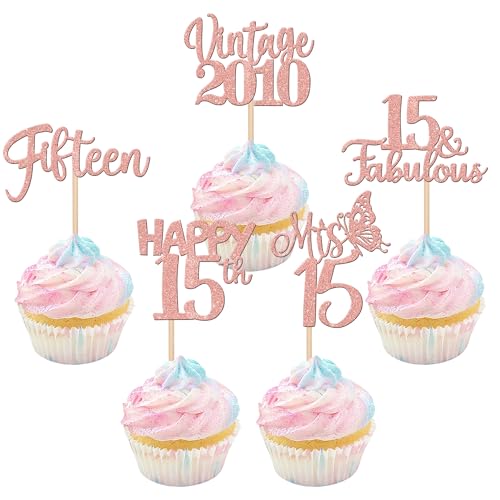 30 Stück Vintage 2010 Cupcake Toppers Glitzer Happy 15th Geburtstag Tortendeko Fabulous 15 Fifteen Kuchen Deko für 15th Geburtstag Hochzeit Jahrestag Party Rosegold von SYKYCTCY