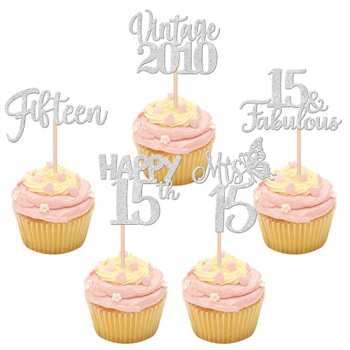 30 Stück Vintage 2010 Cupcake Toppers Glitzer Happy 15th Geburtstag Tortendeko Fabulous 15 Fifteen Kuchen Deko für 15th Geburtstag Hochzeit Jahrestag Party Silber von SYKYCTCY