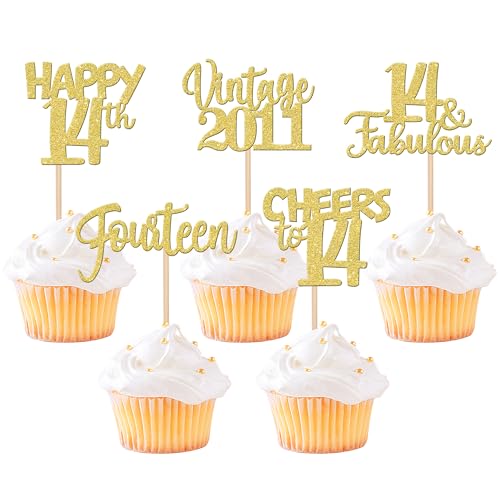 30 Stück Vintage 2011 Cupcake Toppers Glitzer Happy 14th Geburtstag Tortendeko Cheers to 14 Fabulous Fourteen Kuchen Deko für 14th Geburtstag Hochzeit Jahrestag Party Gold von SYKYCTCY