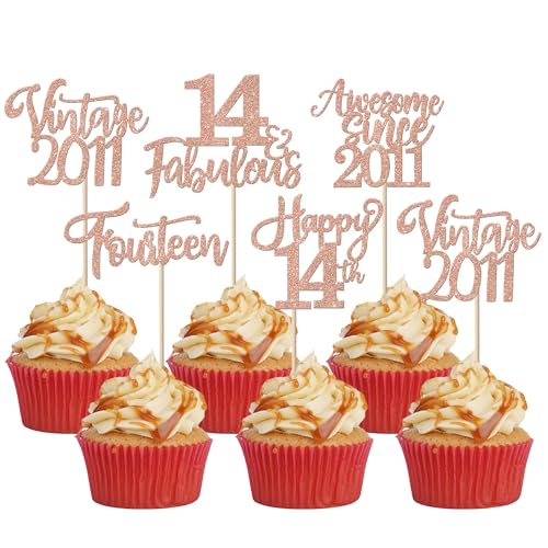 30 Stück Vintage 2011 Tortendeko Glitzer Happy 14th Fourteen Awesome Since 2011 Cupcake Toppers 14 Fabulous Kuchen Deko für 14. Geburtstag Hochzeitstag Party Kuchen Dekorationen Rosegold von SYKYCTCY