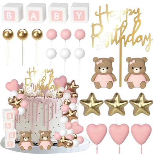 32 Stück Baby Dusche Tortendeko Niedlicher Bär Kuchen Deko Schaumstoff Kugel Liebe Herz Kleiner Stern Kuchen Dekoration für Geschlecht Reveal Thema Geburtstag Party Kuchen Dekorationen Rosa von SYKYCTCY