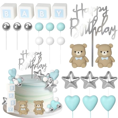 32 Stück Baby Dusche Tortendeko Schaumstoff Kugel Liebe Herz Kleiner Stern Kuchen Dekoration Niedlicher Bär Kuchen Deko für Geschlecht Reveal Thema Geburtstag Party Kuchen Dekorationen Blau von SYKYCTCY