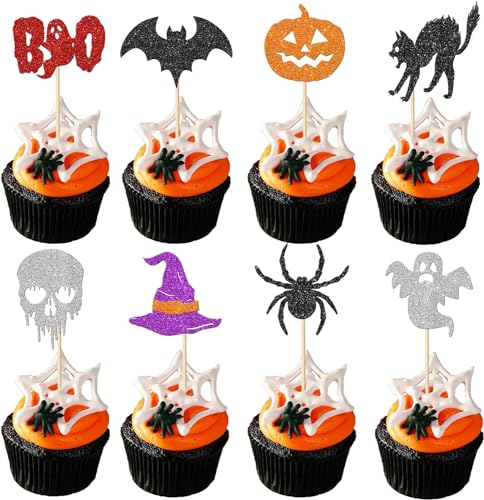 32 Stück Halloween Cupcake Toppers Glitzer Fledermaus Spinne Kürbis Geist Tortendeko für Baby Dusche Kinder Geburtstag Party Halloween Thema Party Cupcake Dekoration Zubehör von SYKYCTCY