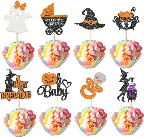 32 Stück Halloween Oh Baby Tortendeko A Baby is Brewing Cupcake Toppers Hexenhut Kürbis Gespenst Kuchen Deko für Happy Halloween Theme Party Baby Dusche Geburtstag Party Rosa Schwarz von SYKYCTCY