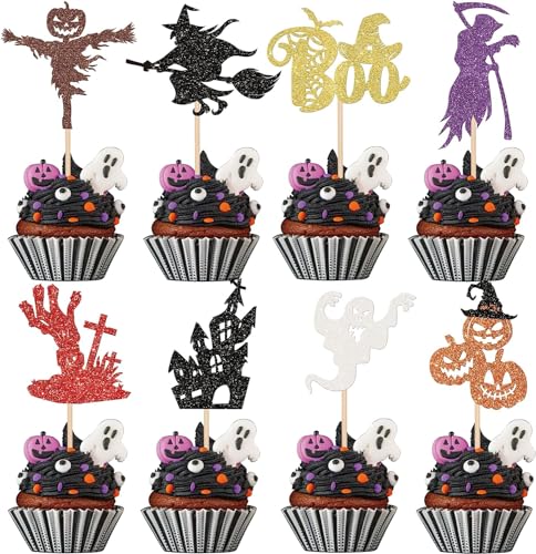32 Stück Halloween Tortendeko Glitzer Witch Boo Kürbis Cupcake Toppers für Happy Halloween Themen Party Kuchen Deko Baby Dusche Kinder Geburtstag Party Kuchen Dekorationen von SYKYCTCY